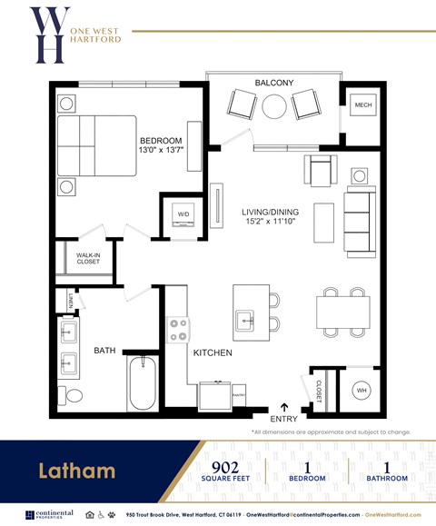 Floor plan for 1 bed, 1 bath, 902 sqft